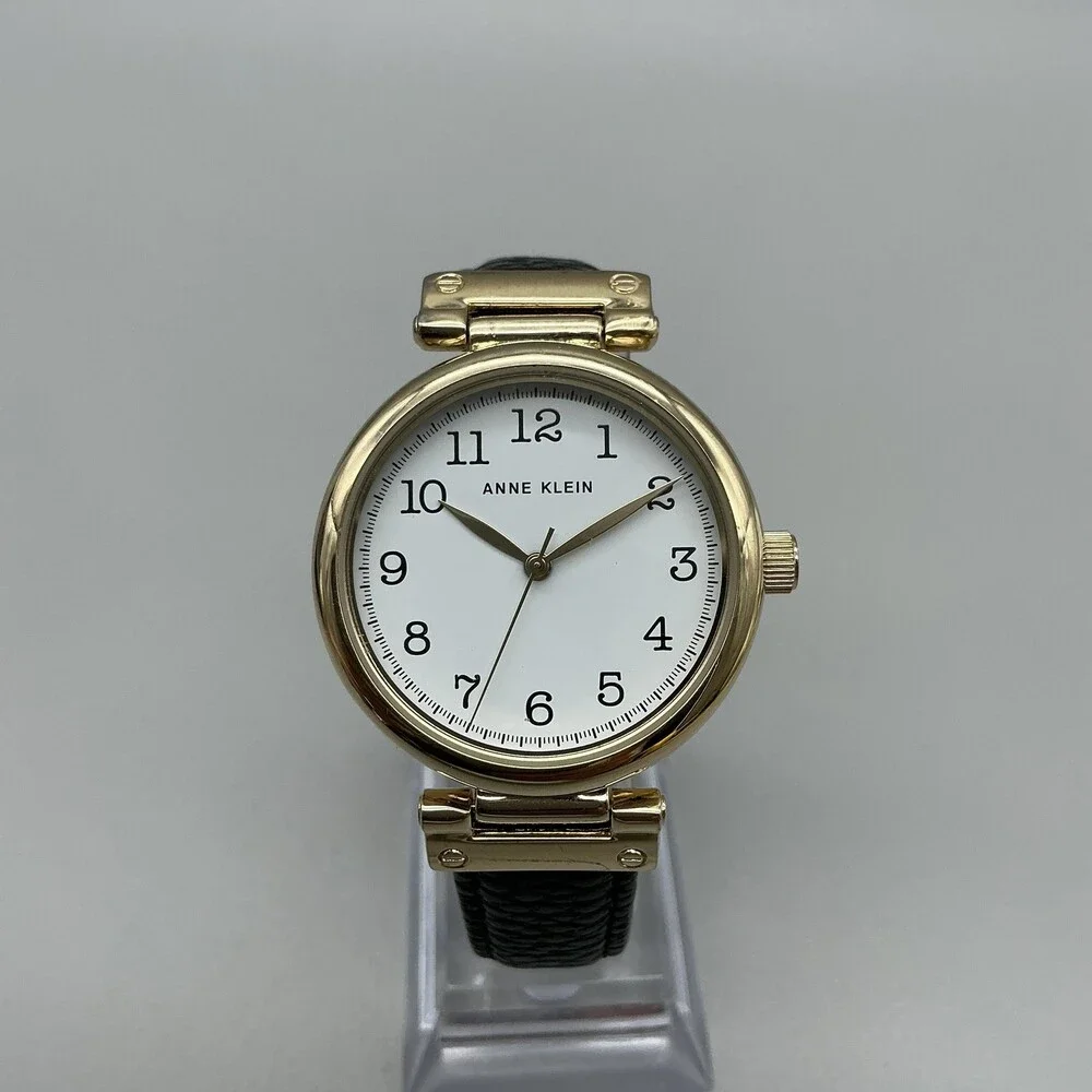 Anne Klein AK/2508 Womens Watch 36mm Gold Tone Black Leather Strap New Battery